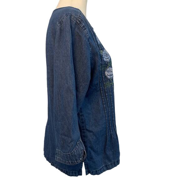 Erika Collection Button Front Jean Shirt 8 Blue/White/Green Embroidered Floral - Picture 2 of 7